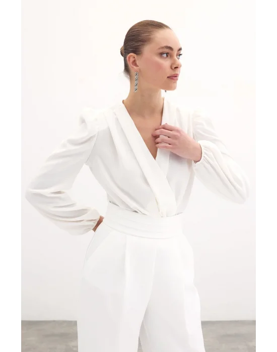 Kruvaze Vatkalı Bodysuit - Ekru