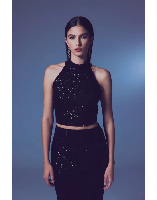 Kolsuz Payetli Bluz - SİYAH