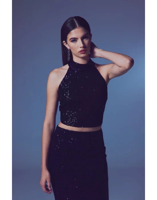 Kolsuz Payetli Bluz - SİYAH