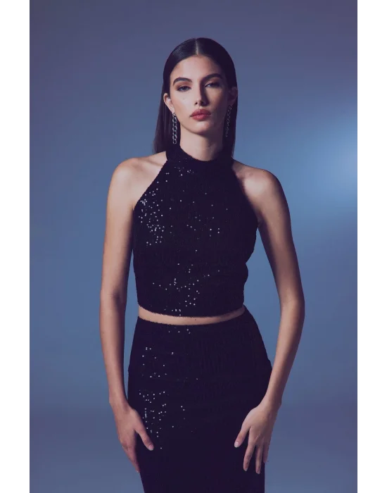 Kolsuz Payetli Bluz - SİYAH