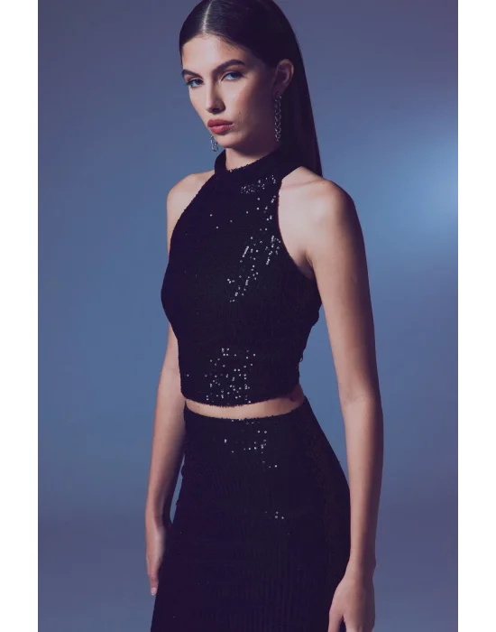 Kolsuz Payetli Bluz - SİYAH