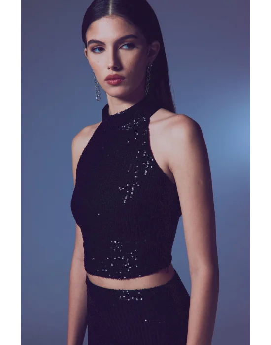 Kolsuz Payetli Bluz - SİYAH