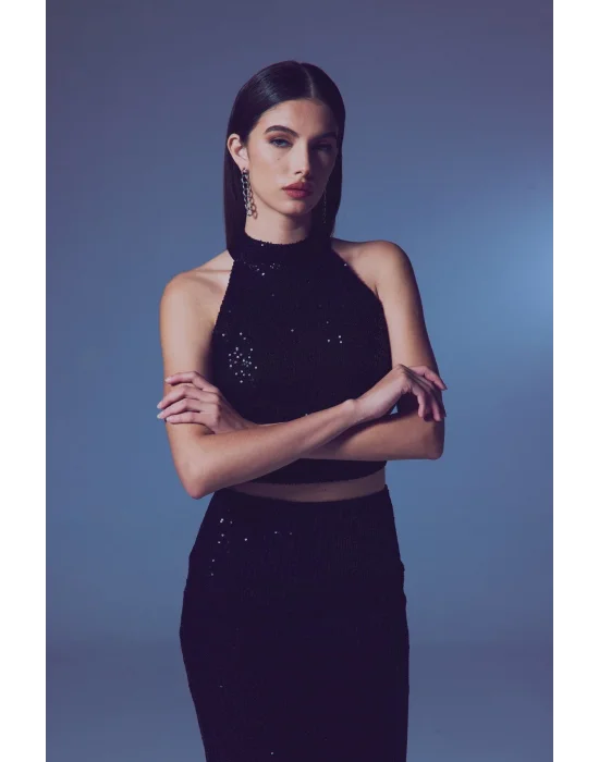 Kolsuz Payetli Bluz - SİYAH