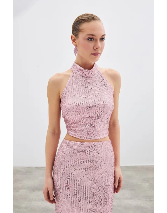 Kolsuz Payetli Bluz - Pudra