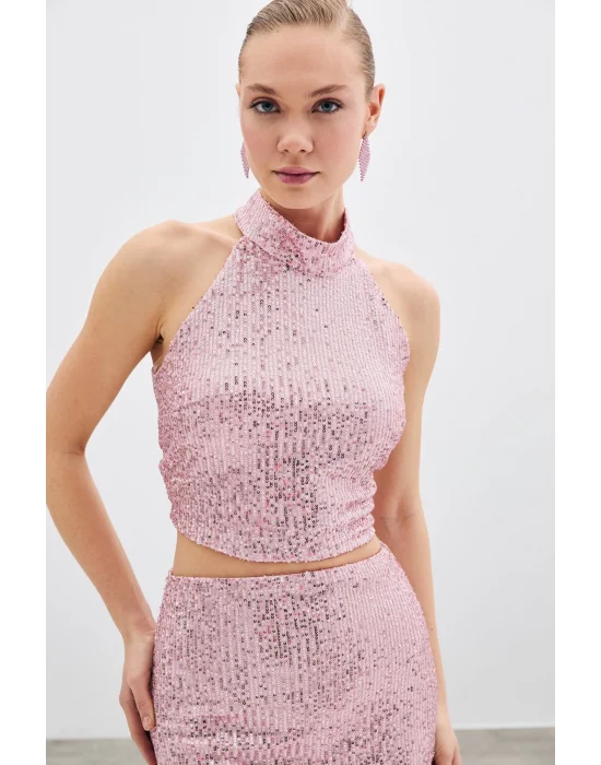 Kolsuz Payetli Bluz - Pudra