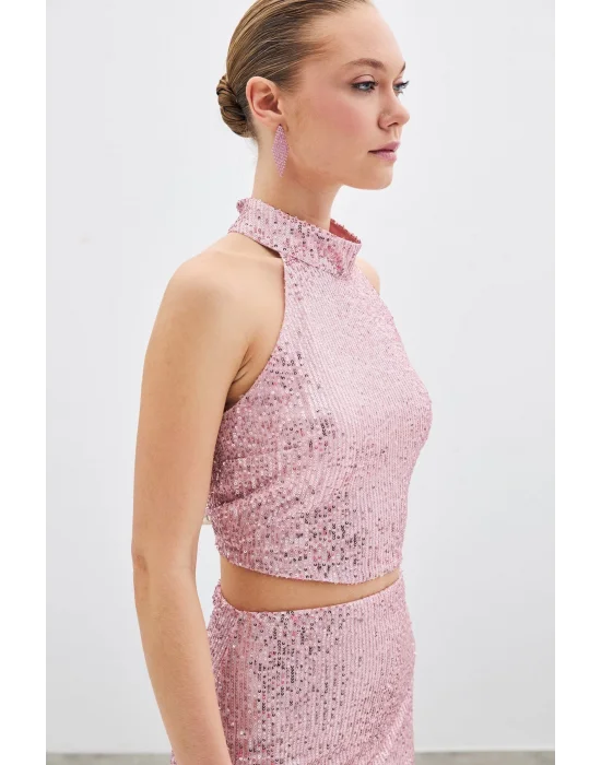 Kolsuz Payetli Bluz - Pudra