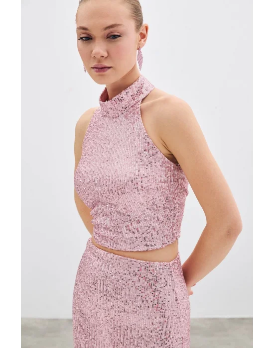 Kolsuz Payetli Bluz - Pudra