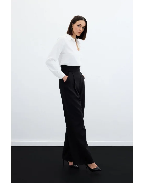 Bel Detaylı Cepli Pantolon - Siyah