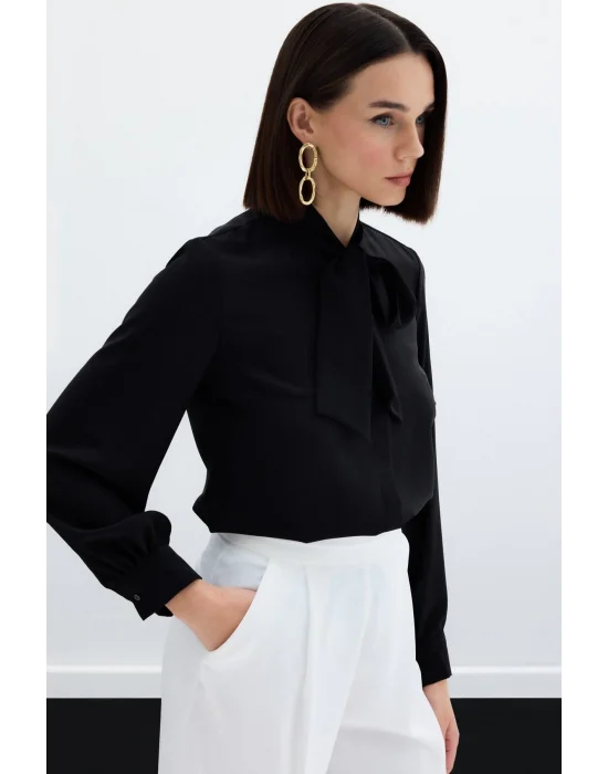 Yakası Bağlamalı Düz Gömlek - Siyah