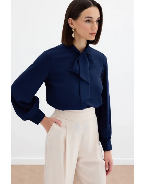 Yakası Bağlamalı Düz Gömlek - LACİVERT