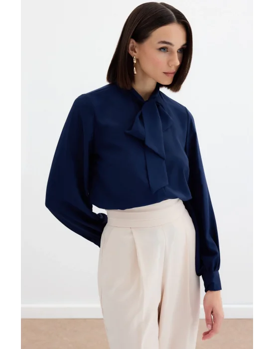 Yakası Bağlamalı Düz Gömlek - LACİVERT