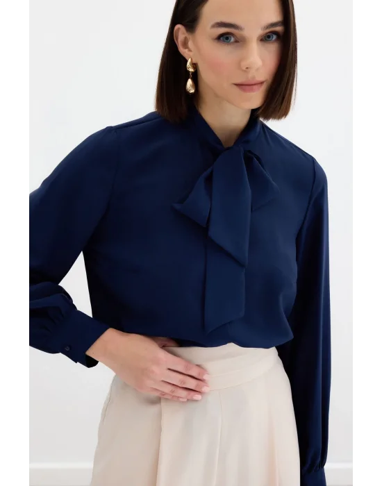 Yakası Bağlamalı Düz Gömlek - LACİVERT
