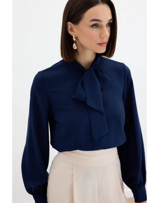 Yakası Bağlamalı Düz Gömlek - LACİVERT