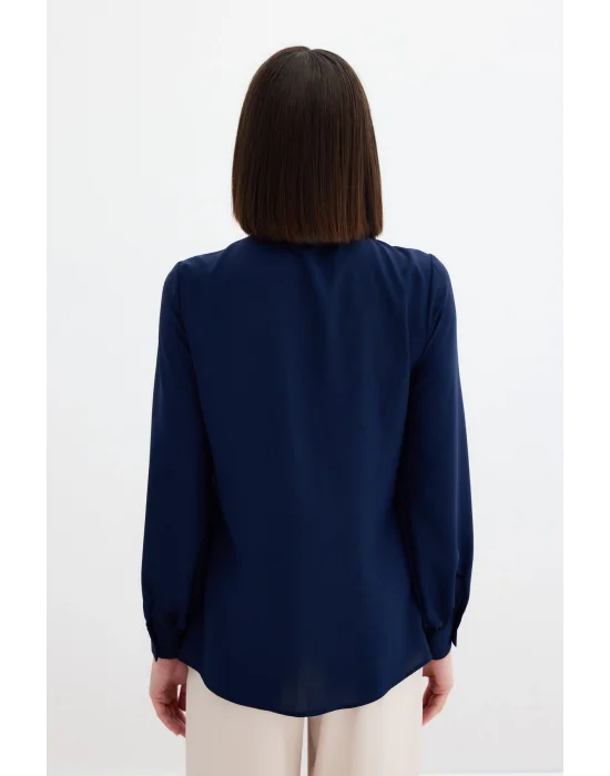 Yakası Bağlamalı Düz Gömlek - LACİVERT