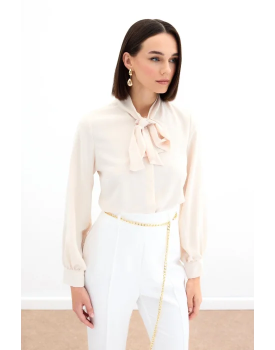 Yakası Bağlamalı Düz Gömlek - Bej