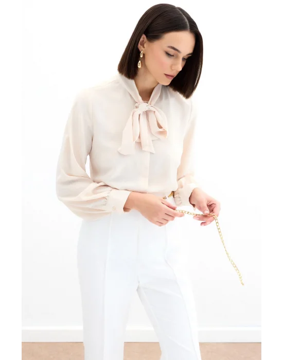 Yakası Bağlamalı Düz Gömlek - Bej