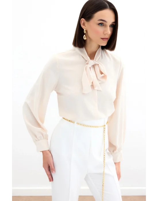 Yakası Bağlamalı Düz Gömlek - Bej