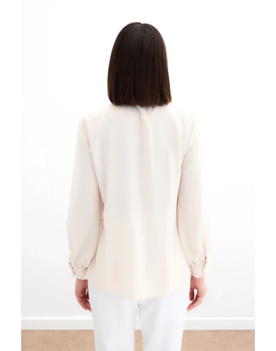 Yakası Bağlamalı Düz Gömlek - Bej