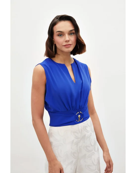 Toka Detaylı Kolsuz Bluz - SAX MAVİ