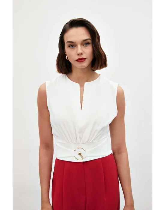Toka Detaylı Kolsuz Bluz - EKRU
