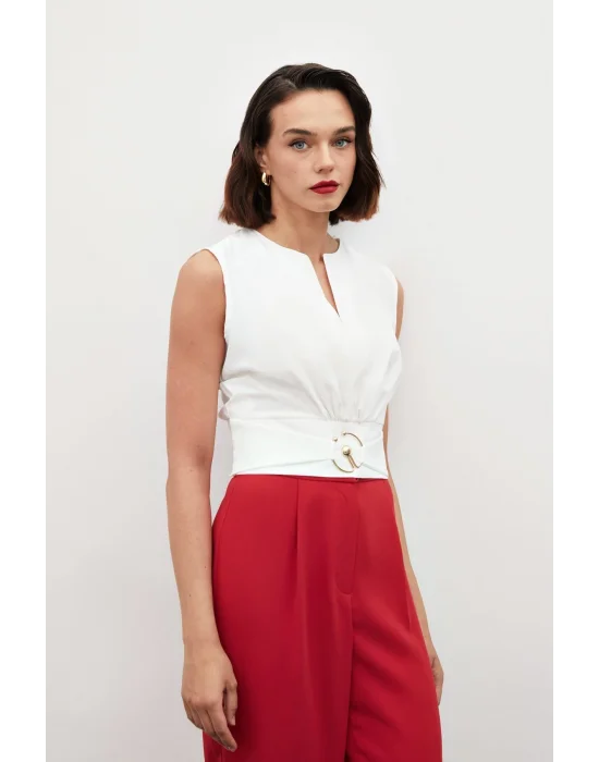 Toka Detaylı Kolsuz Bluz - EKRU