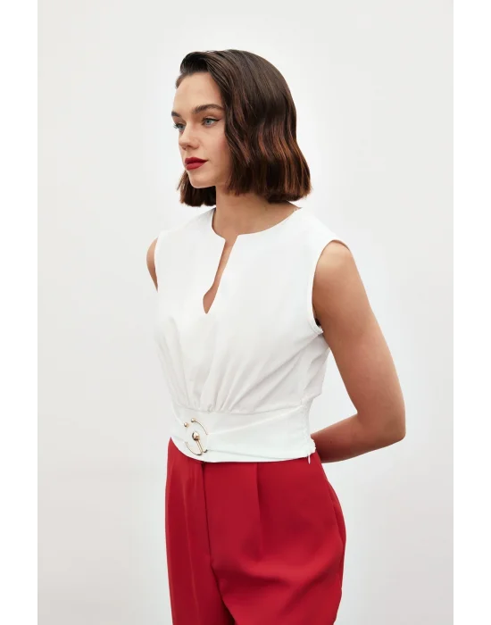 Toka Detaylı Kolsuz Bluz - EKRU