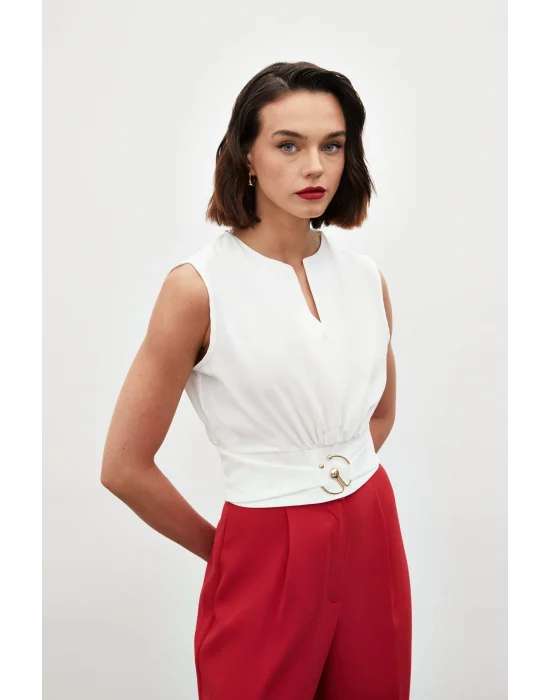 Toka Detaylı Kolsuz Bluz - EKRU