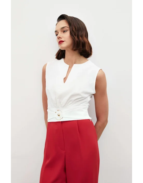 Toka Detaylı Kolsuz Bluz - EKRU