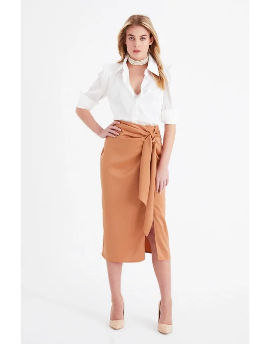 Yırtmaçlı Saten Etek - Camel