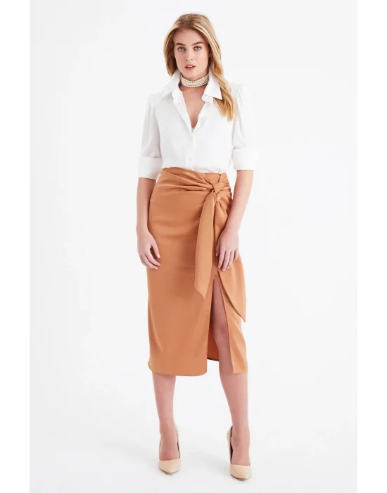 Yırtmaçlı Saten Etek - Camel