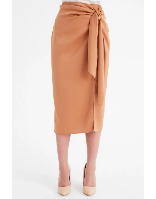 Yırtmaçlı Saten Etek - Camel