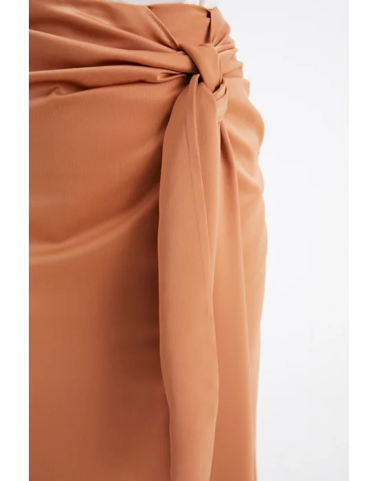 Yırtmaçlı Saten Etek - Camel
