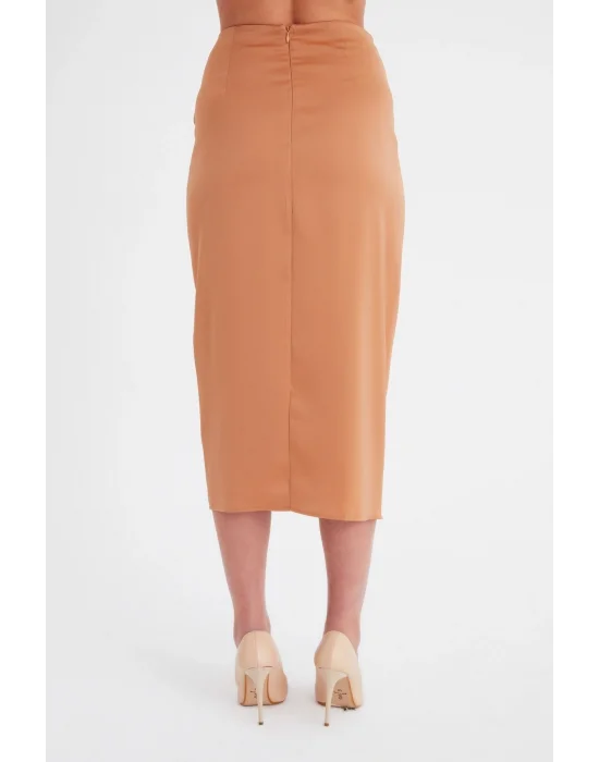 Yırtmaçlı Saten Etek - Camel