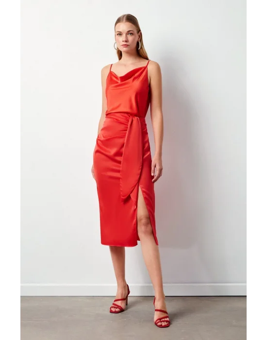 Bağlamalı Saten Etek - Mercan