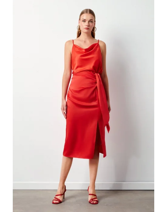 Bağlamalı Saten Etek - Mercan