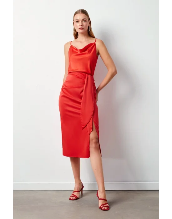 Bağlamalı Saten Etek - Mercan