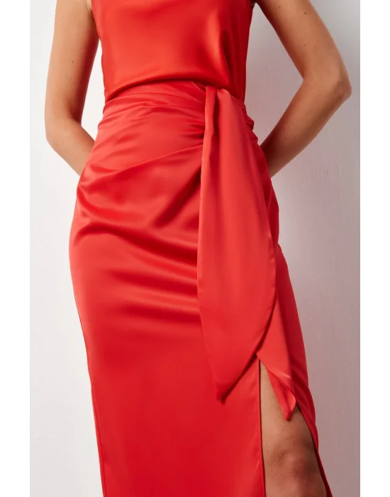 Bağlamalı Saten Etek - Mercan