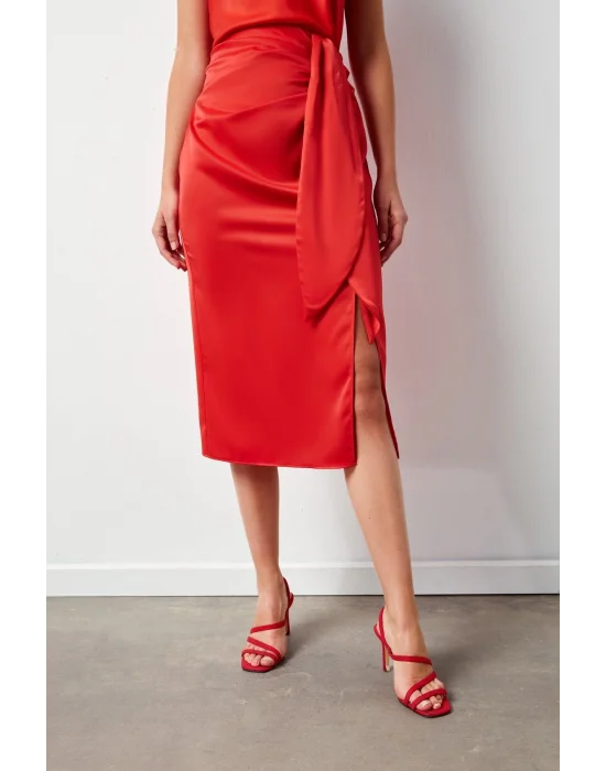 Bağlamalı Saten Etek - Mercan