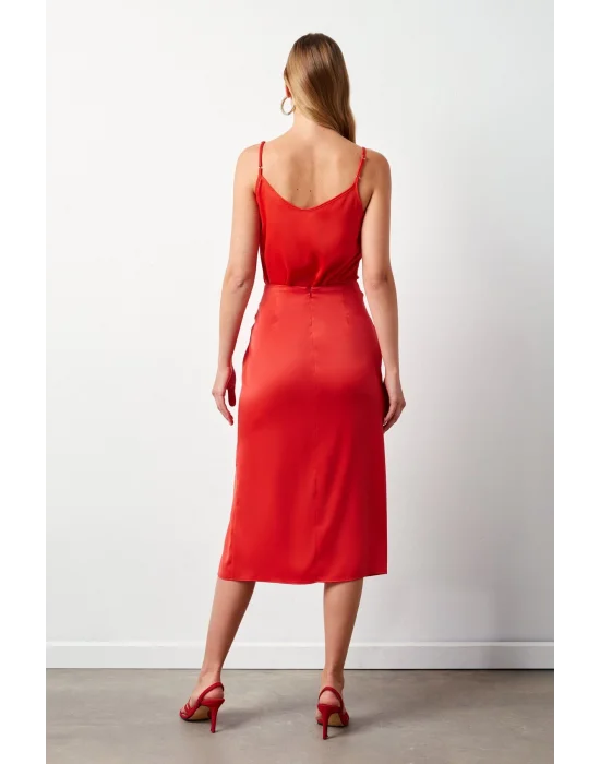 Bağlamalı Saten Etek - Mercan