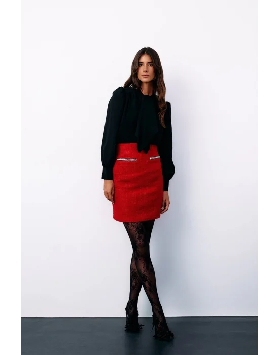 Aksesuar Detaylı Tüvit Etek - KIRMIZI