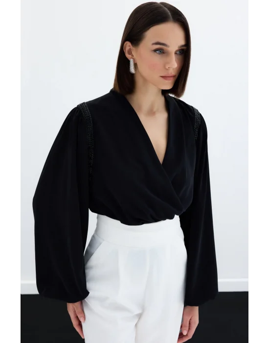 Aksesuar Detaylı Bodysuit Bluz - SİYAH