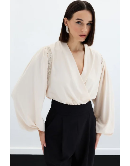 Aksesuar Detaylı Bodysuit Bluz - Bej