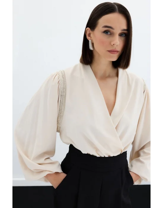 Aksesuar Detaylı Bodysuit Bluz - Bej