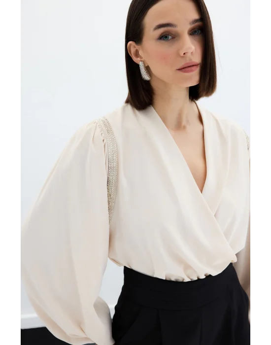 Aksesuar Detaylı Bodysuit Bluz - Bej
