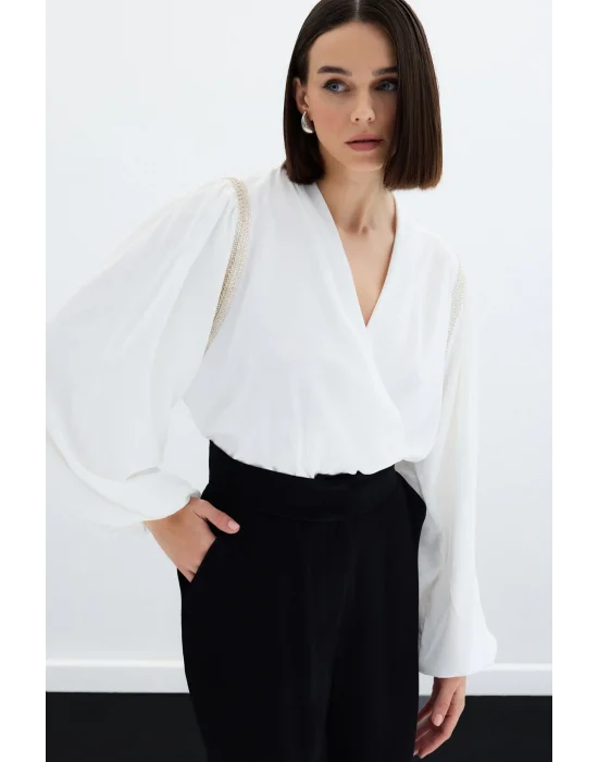 Aksesuar Detaylı Bodysuit Bluz - Ekru