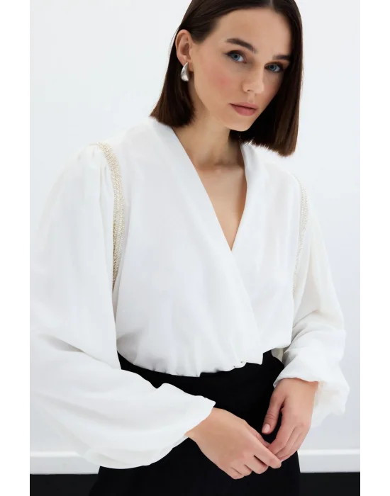 Aksesuar Detaylı Bodysuit Bluz - Ekru