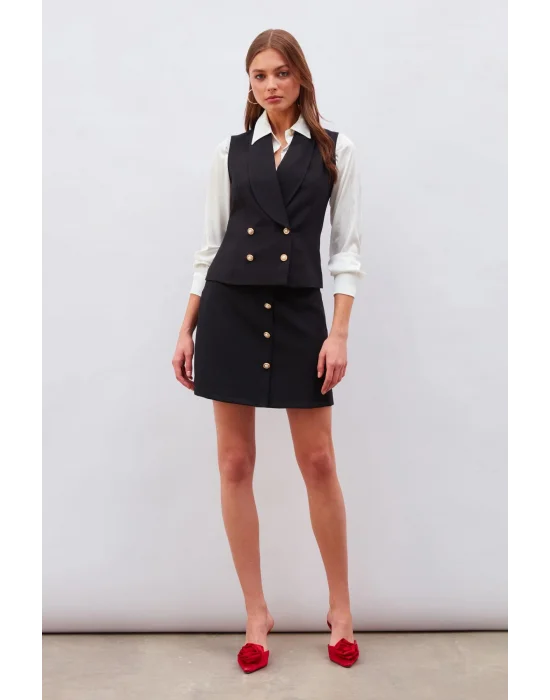 Düğme Detaylı Mini Etek - Siyah