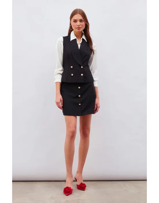 Düğme Detaylı Mini Etek - Siyah