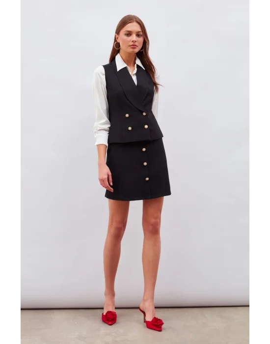 Düğme Detaylı Mini Etek - Siyah