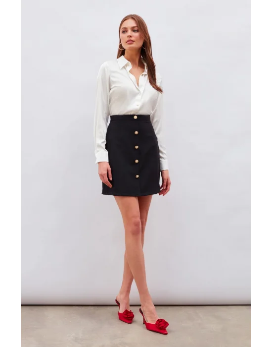 Düğme Detaylı Mini Etek - Siyah